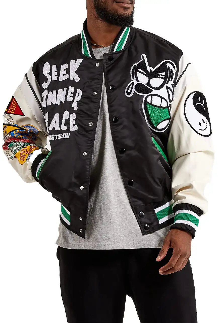 First Row Seek Inner Peace Varsity Jacket First Row Seek Inner Peace Varsity Jacket