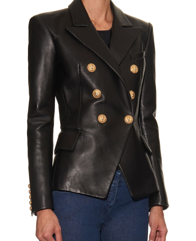 Kim Kardashian Double Breasted Black Leather Blazer Style Jacket Kim Kardashian Double Breasted Black Leather Blazer Style Jacket - Image 3