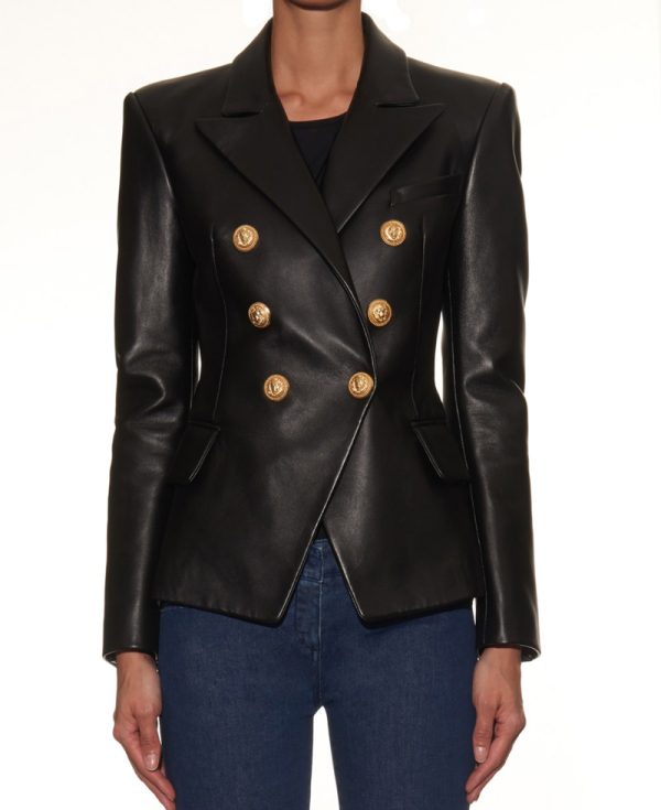 Kim Kardashian Double Breasted Black Leather Blazer Style Jacket
