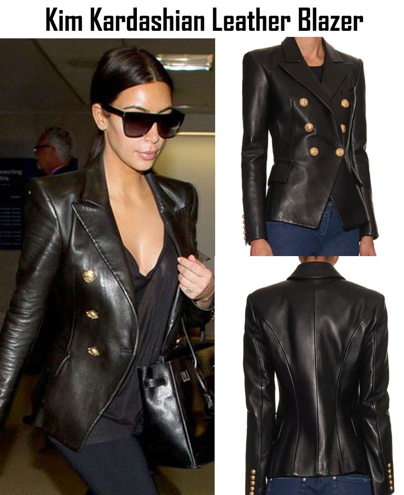 Kim Kardashian Double Breasted Black Leather Blazer Style Jacket Kim Kardashian Double Breasted Black Leather Blazer Style Jacket - Image 4