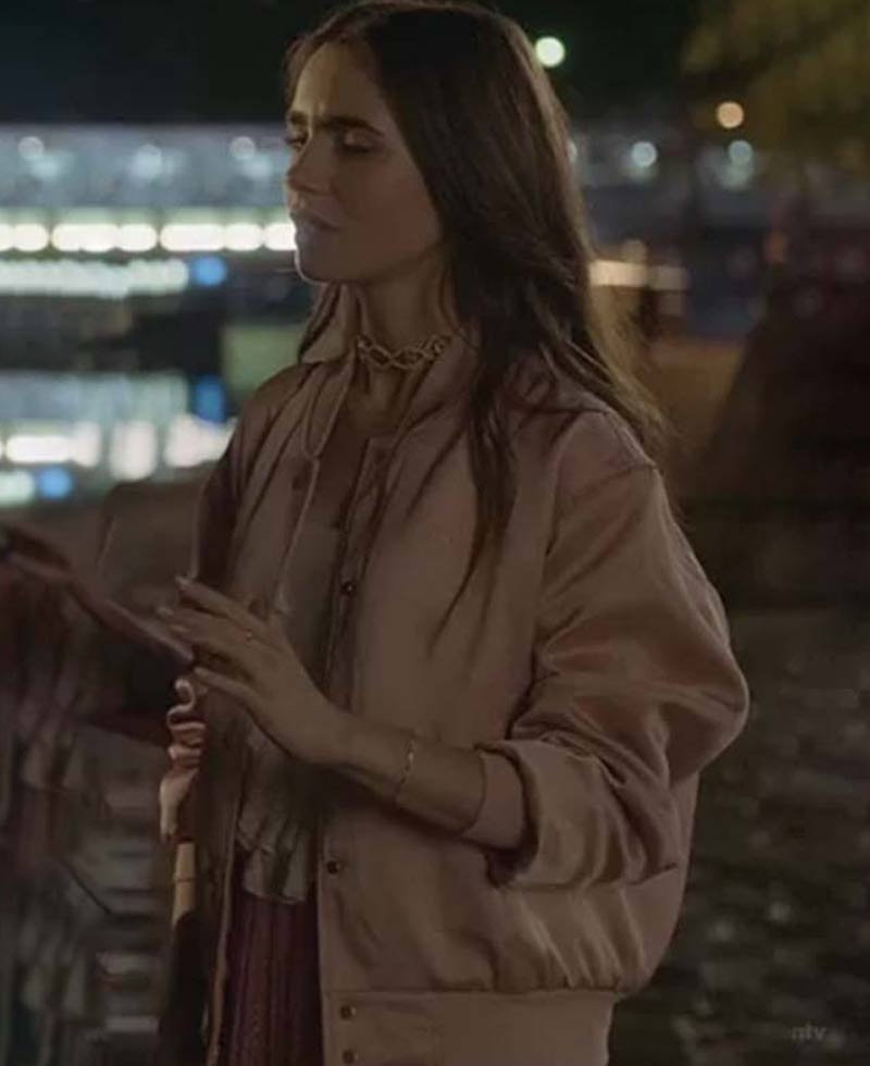 Lily Collins Emily in Paris Pink Bomber Jacket Lily Collins Emily in Paris Pink Bomber Jacket - Image 2