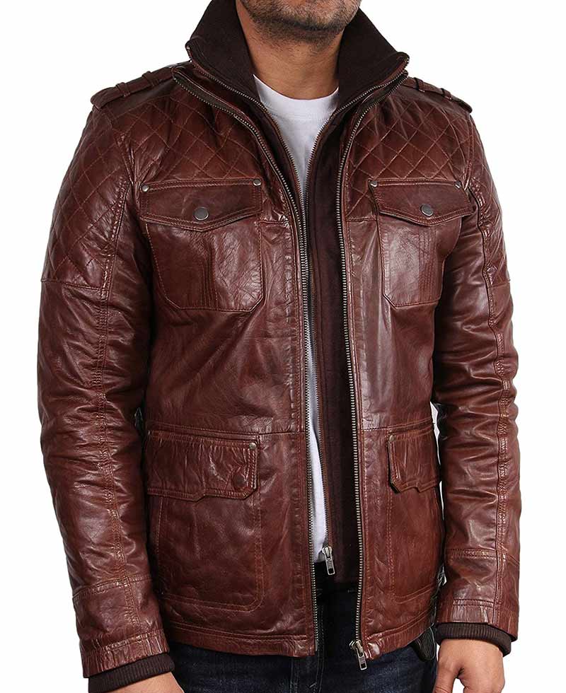 Men's Double Collar Four Pocket Brown Leather Jacket Men's Double Collar Four Pocket Brown Leather Jacket - Image 2