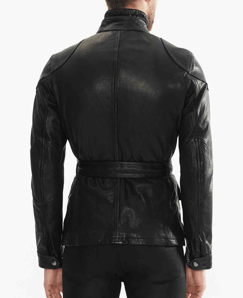 Men's Belted Collar 4 Pockets Leather Jacket Men's Belted Collar 4 Pockets Leather Jacket - Image 2