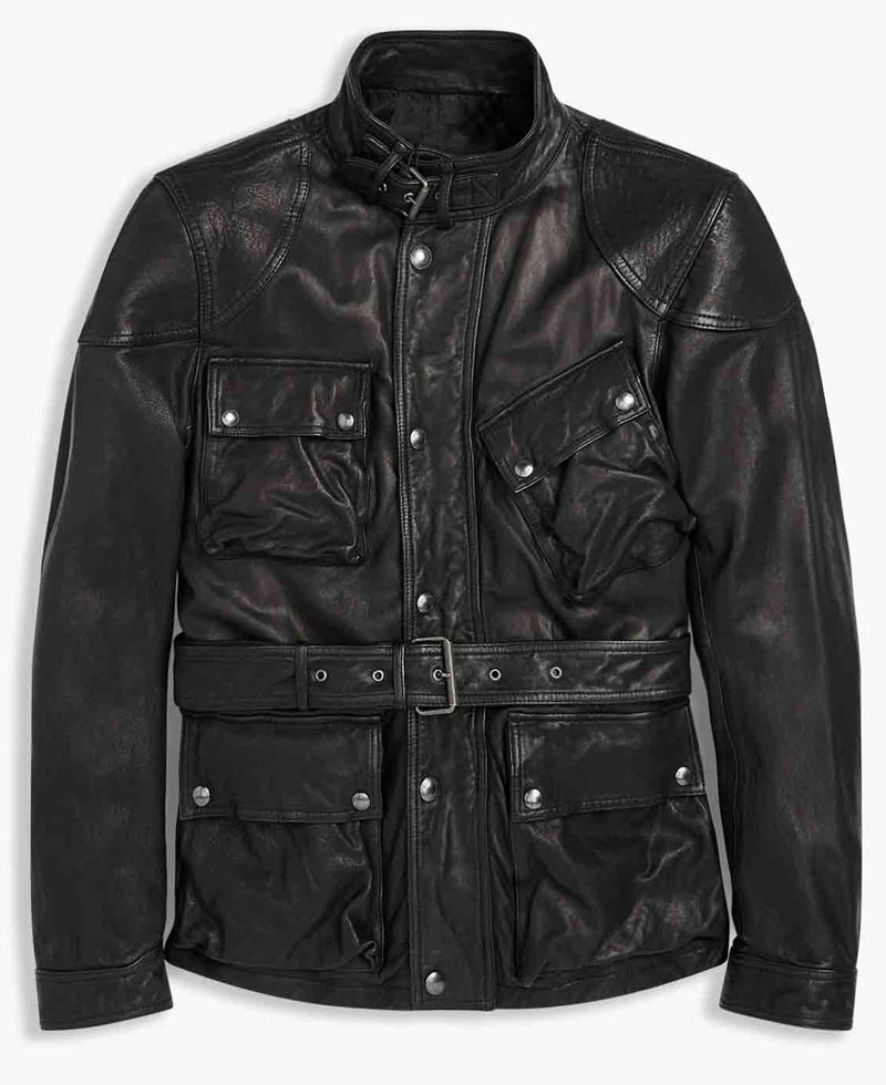 Men's Belted Collar 4 Pockets Leather Jacket Men's Belted Collar 4 Pockets Leather Jacket - Image 4