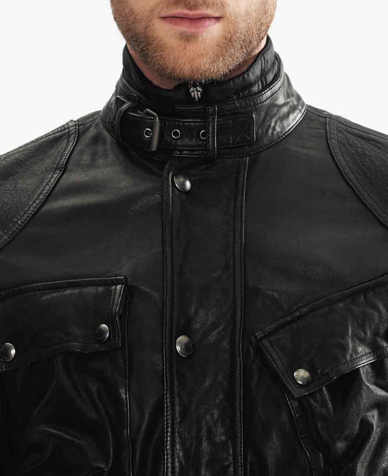 Men's Belted Collar 4 Pockets Leather Jacket Men's Belted Collar 4 Pockets Leather Jacket - Image 5