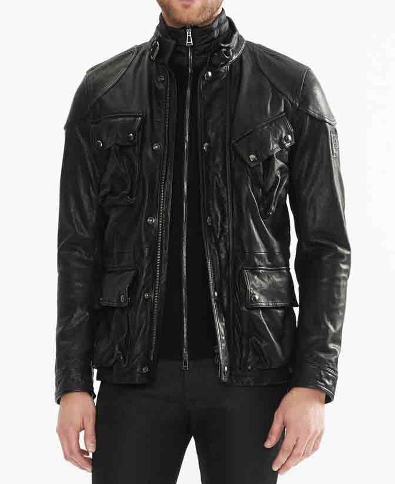 Men's Belted Collar 4 Pockets Leather Jacket Men's Belted Collar 4 Pockets Leather Jacket - Image 3