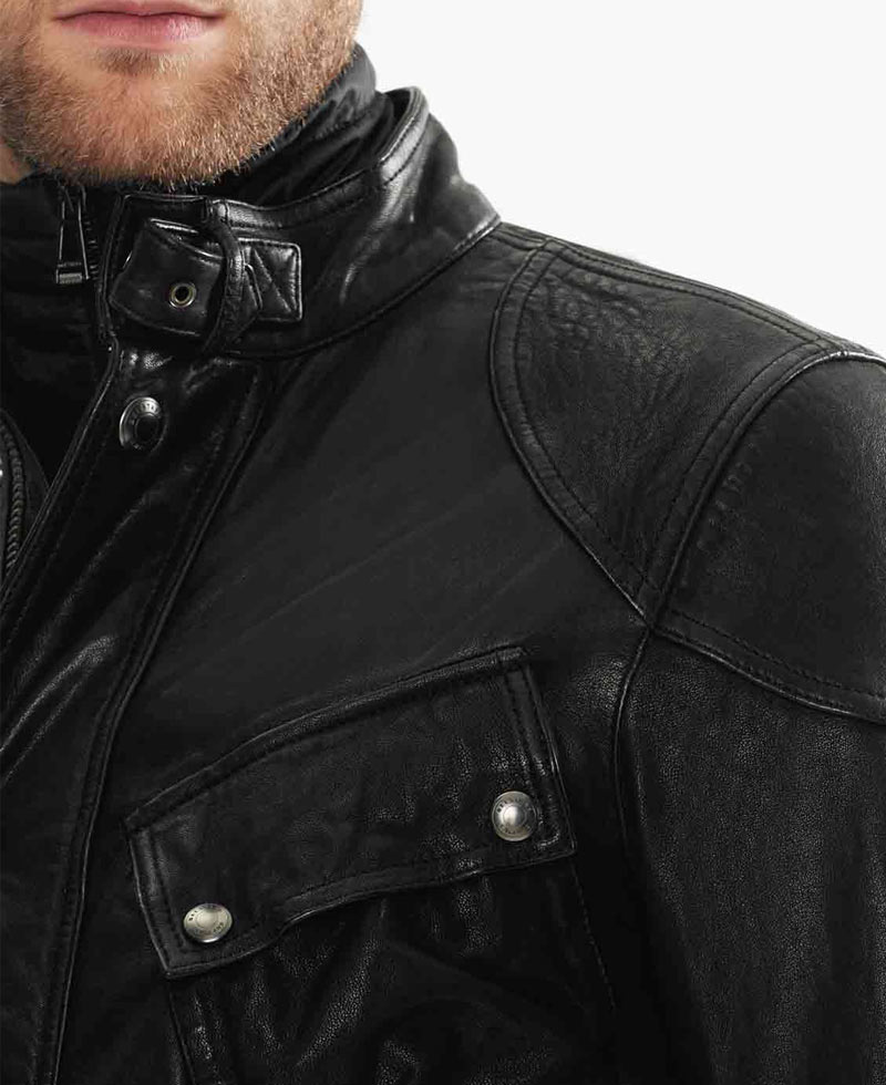 Men's Belted Collar 4 Pockets Leather Jacket Men's Belted Collar 4 Pockets Leather Jacket - Image 6