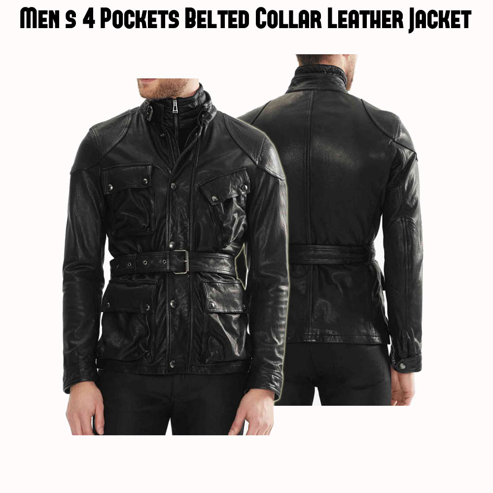 Men's Belted Collar 4 Pockets Leather Jacket Men's Belted Collar 4 Pockets Leather Jacket - Image 7