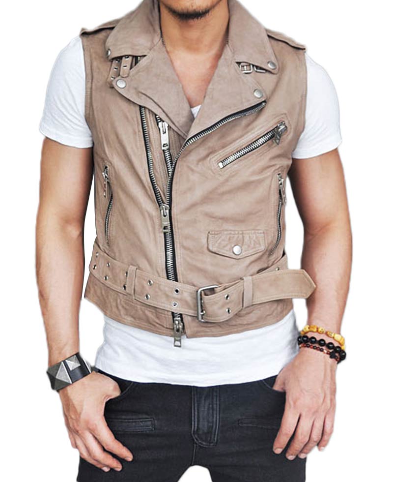 Men's Belted Asymmetrical Zipper Black Leather Vest Men's Belted Asymmetrical Zipper Black Leather Vest - Image 2