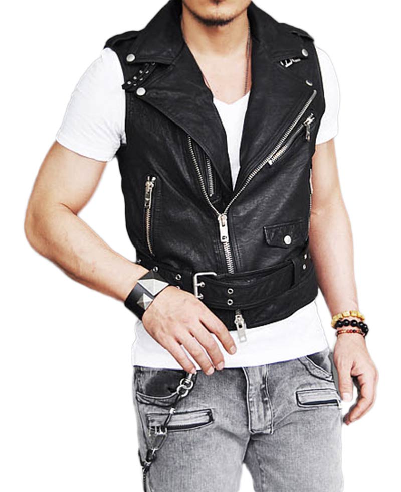 Men's Belted Asymmetrical Zipper Black Leather Vest Men's Belted Asymmetrical Zipper Black Leather Vest - Image 3