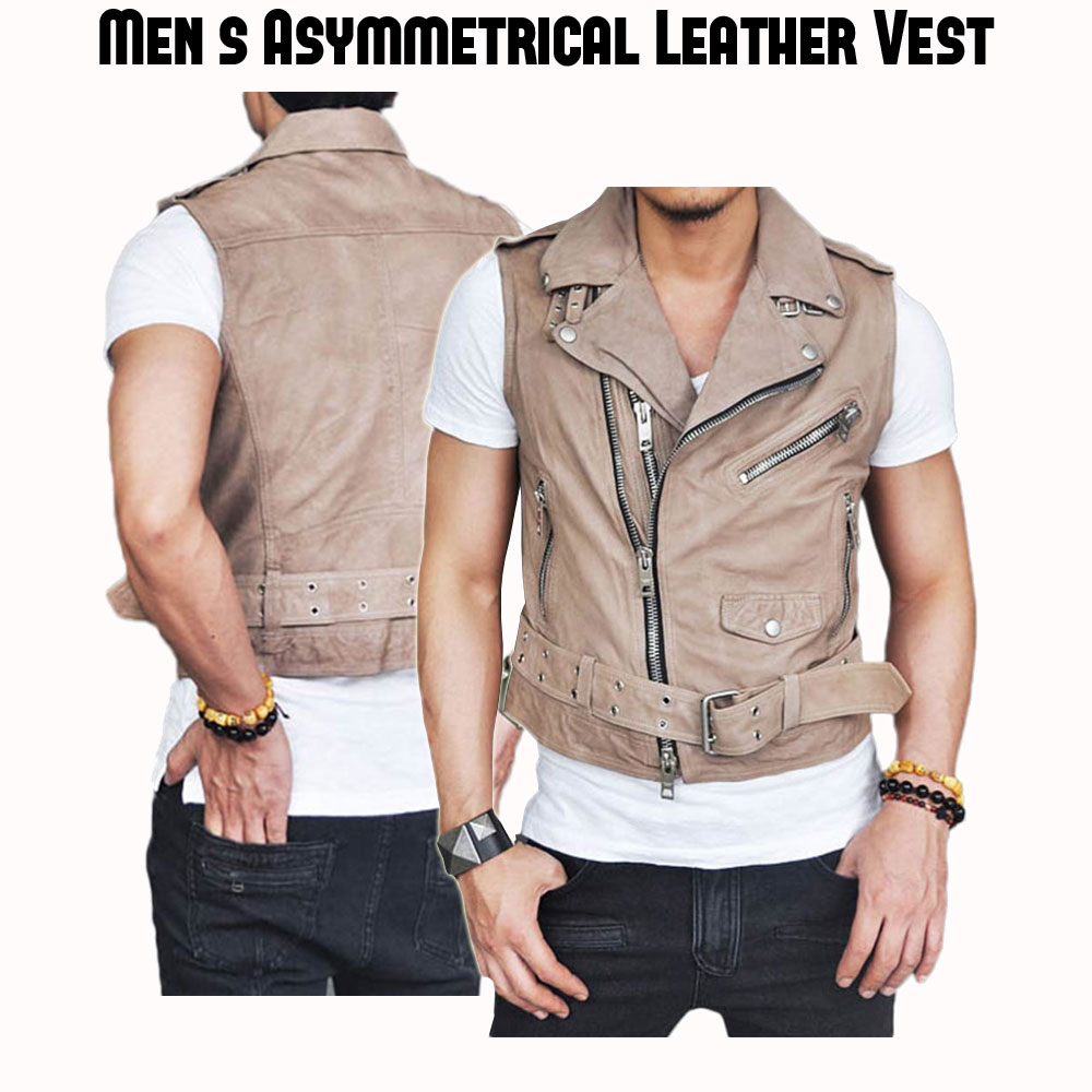 Men's Belted Asymmetrical Zipper Black Leather Vest Men's Belted Asymmetrical Zipper Black Leather Vest - Image 5