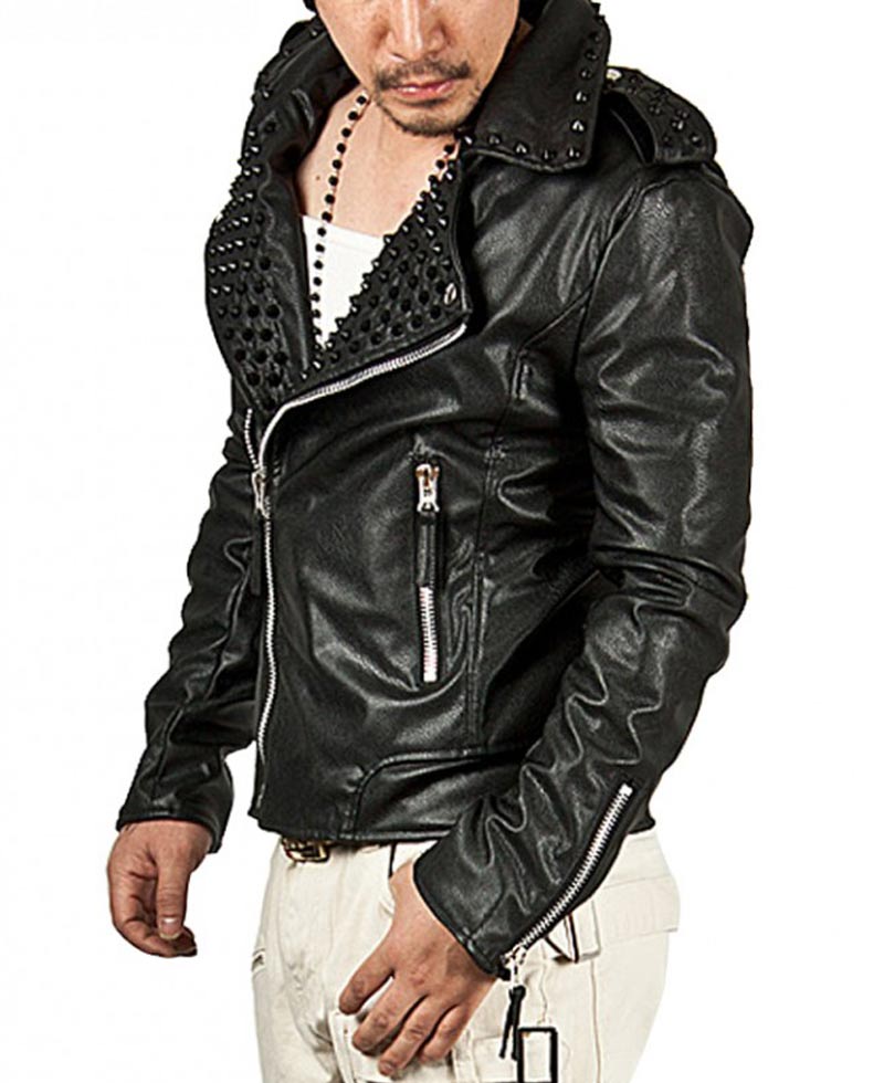 Men's Black Studded Asymmetrical Leather Jacket Men's Black Studded Asymmetrical Leather Jacket - Image 3