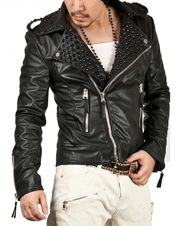 Men's Black Studded Asymmetrical Leather Jacket