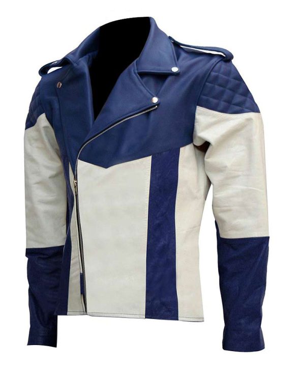 Men's Asymmetrical Biker Blue and White Leather Jacket