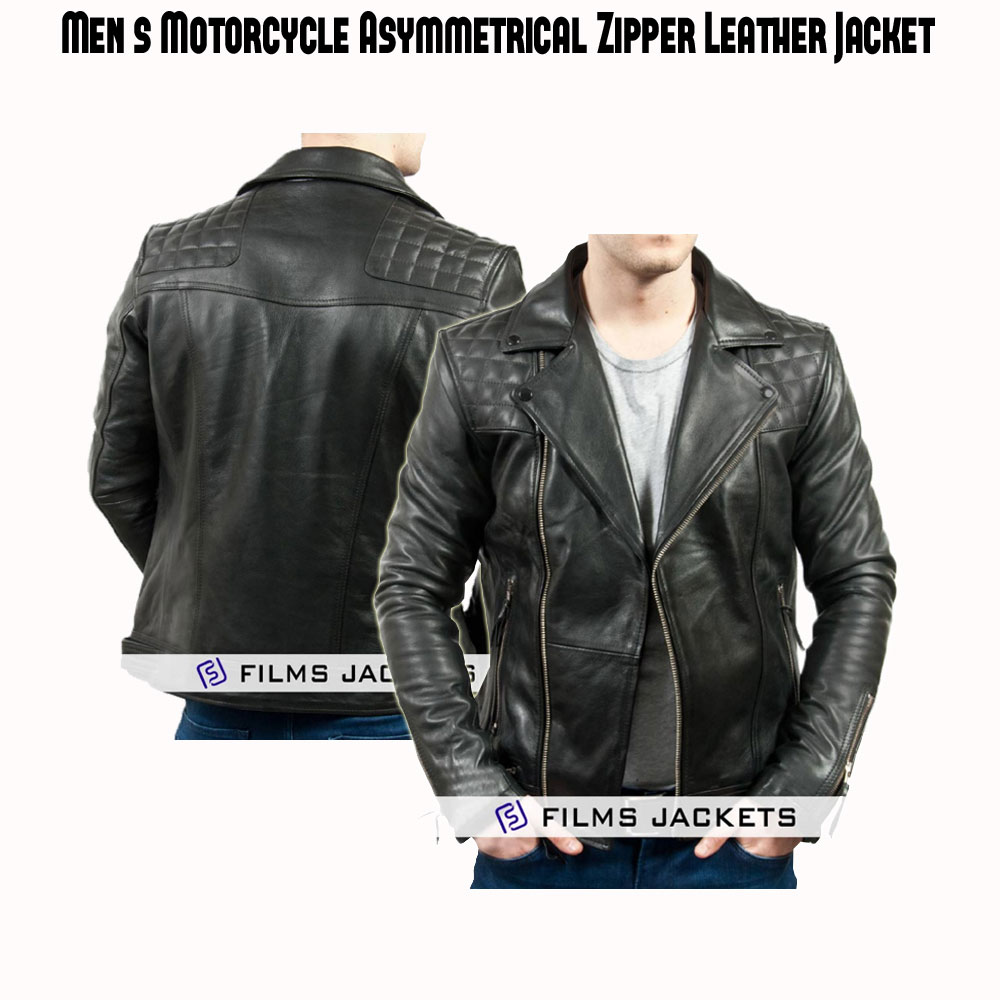 Men's Asymmetrical Zipper Cow Hide Black Leather Moto Jacket Men's Asymmetrical Zipper Cow Hide Black Leather Moto Jacket - Image 3