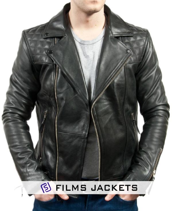 Men's Asymmetrical Zipper Cow Hide Black Leather Moto Jacket
