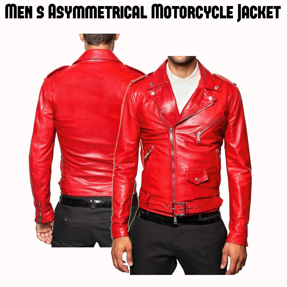 Men's Belted Asymmetrical Zipper Red Leather Motorcycle Jacket Men's Belted Asymmetrical Zipper Red Leather Motorcycle Jacket - Image 4