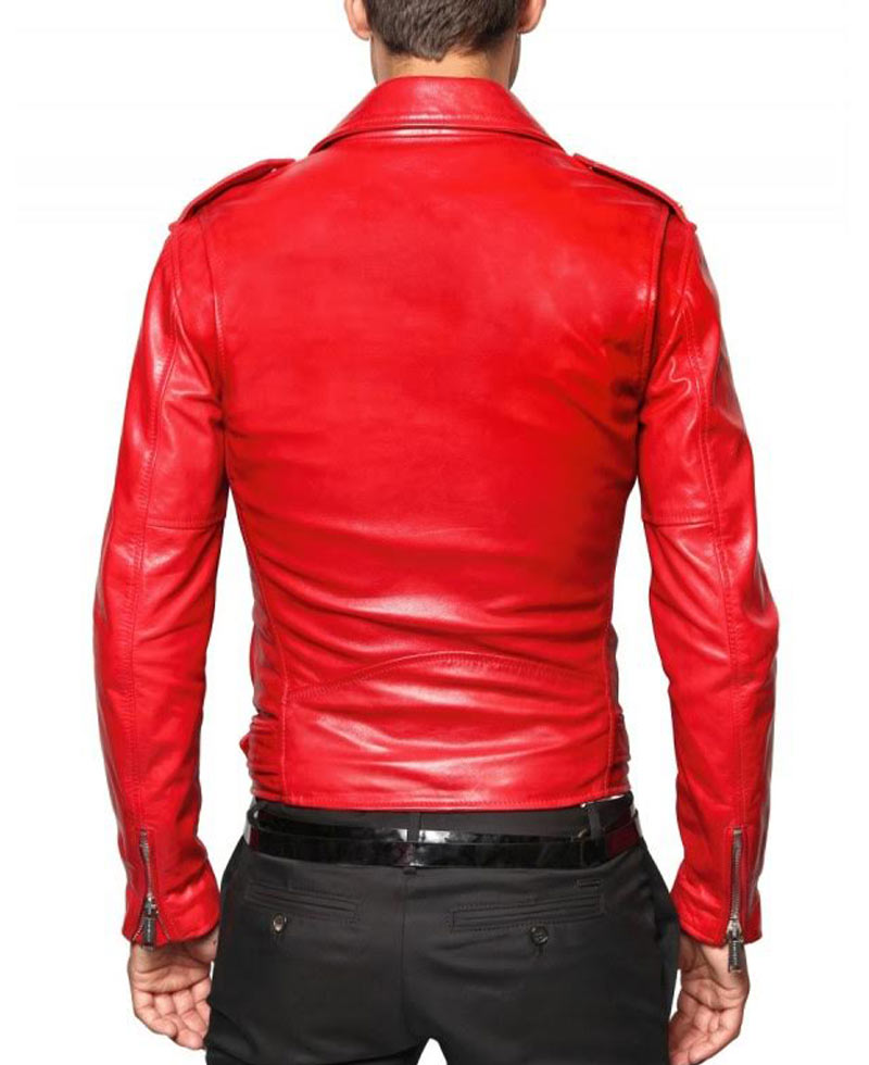 Men's Belted Asymmetrical Zipper Red Leather Motorcycle Jacket Men's Belted Asymmetrical Zipper Red Leather Motorcycle Jacket - Image 2