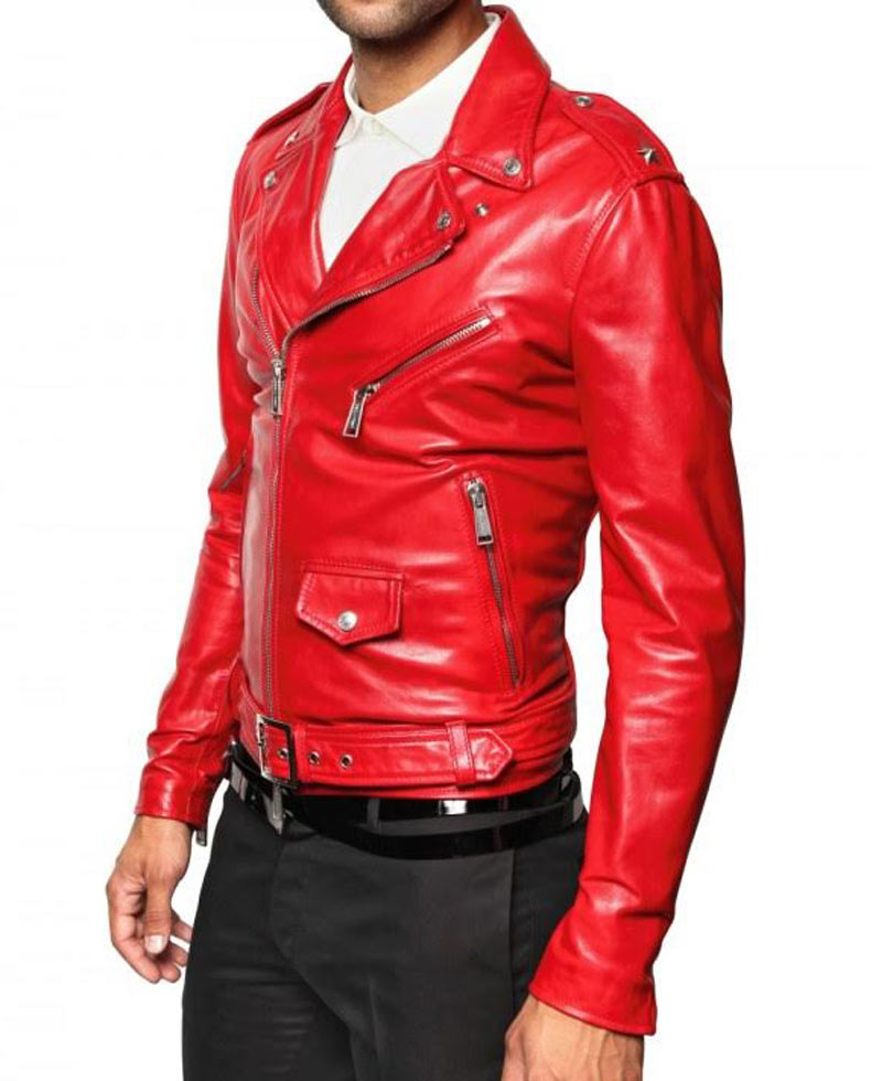 Men's Belted Asymmetrical Zipper Red Leather Motorcycle Jacket Men's Belted Asymmetrical Zipper Red Leather Motorcycle Jacket - Image 3