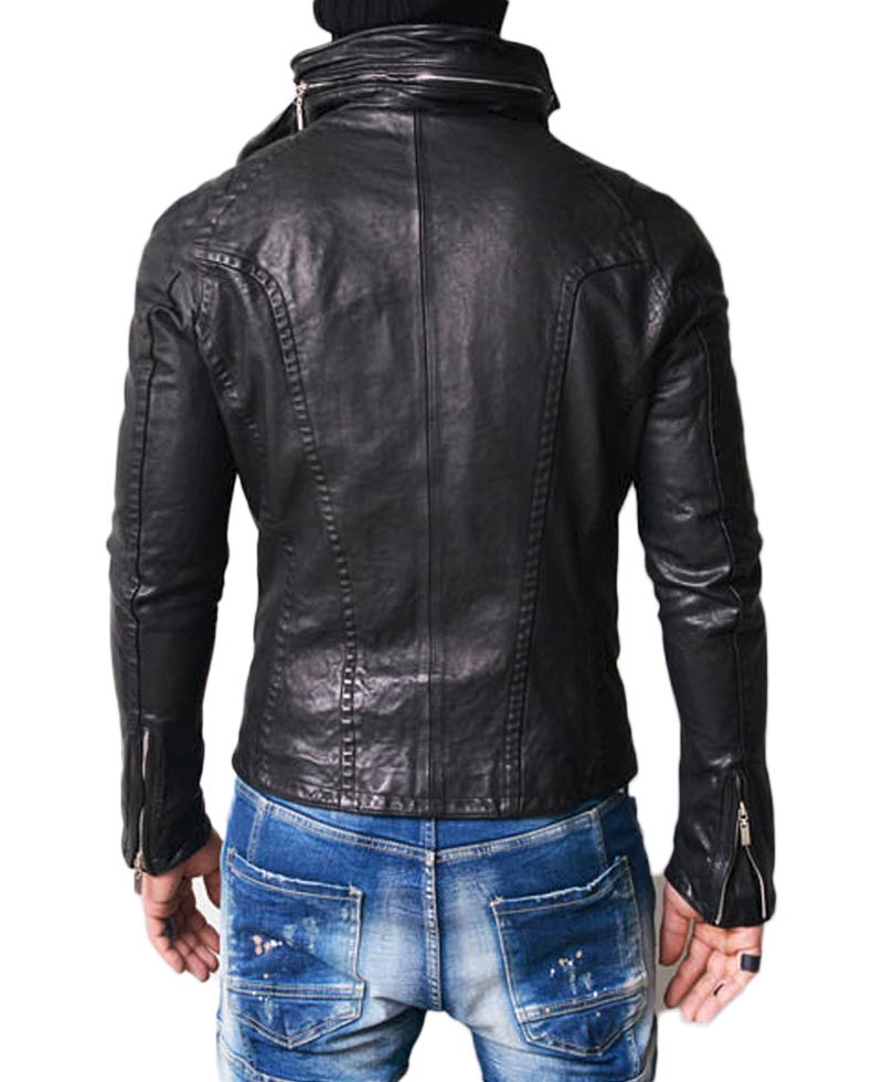 Men's High Neck Wired Asymmetrical Lambskin Leather Jacket Men's High Neck Wired Asymmetrical Lambskin Leather Jacket - Image 2
