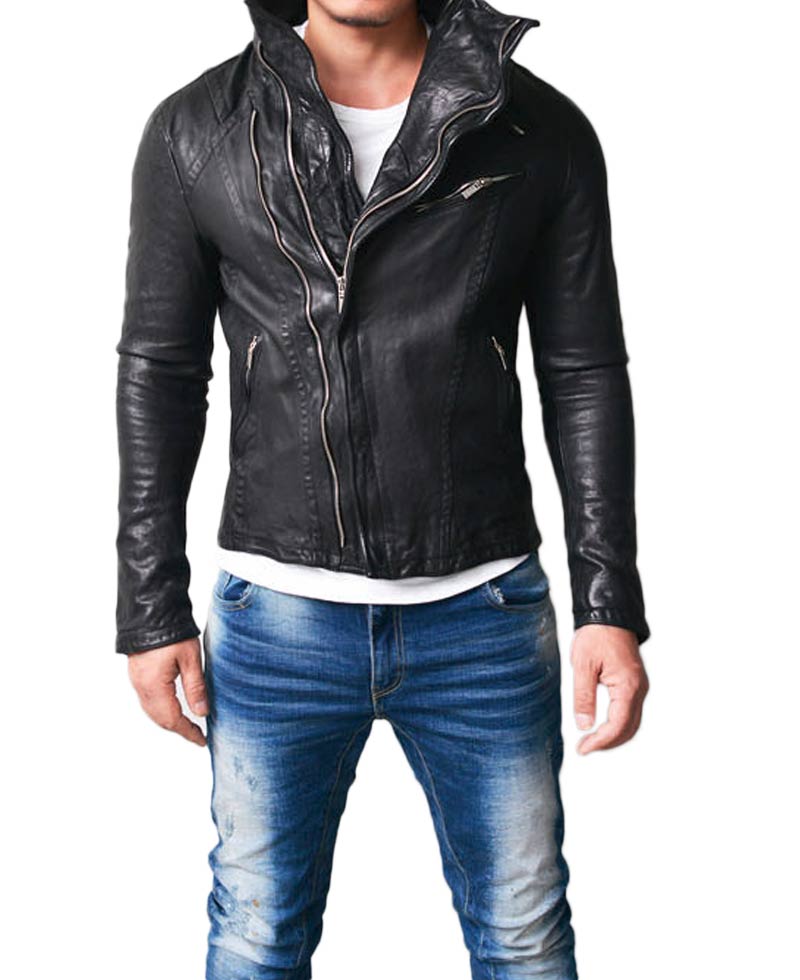 Men's High Neck Wired Asymmetrical Lambskin Leather Jacket Men's High Neck Wired Asymmetrical Lambskin Leather Jacket - Image 3