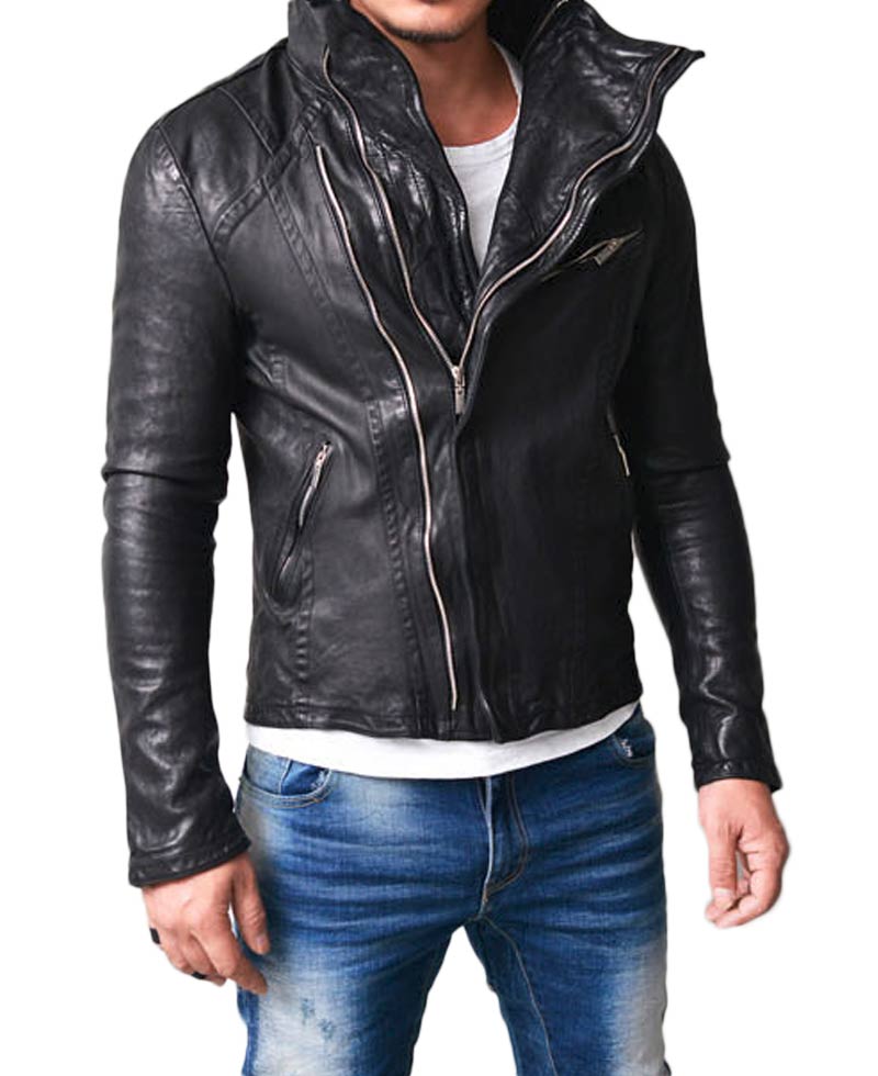 Men's High Neck Wired Asymmetrical Lambskin Leather Jacket Men's High Neck Wired Asymmetrical Lambskin Leather Jacket