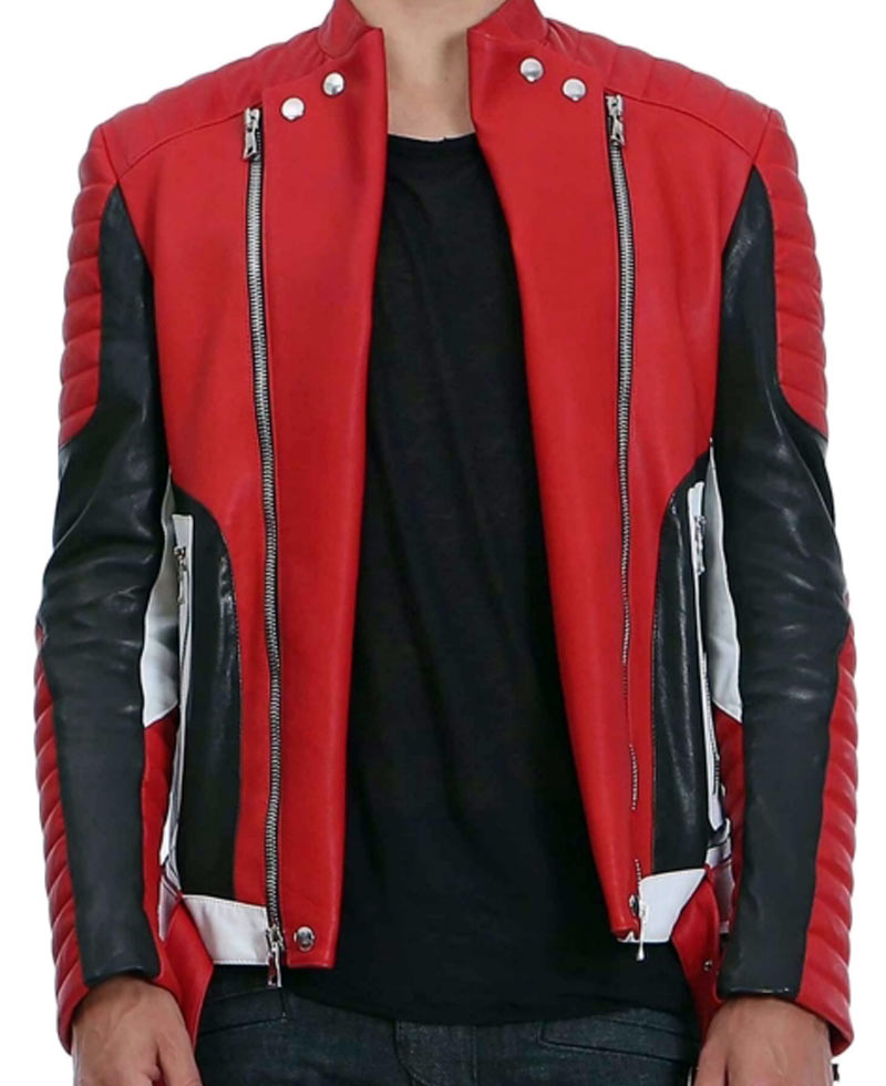 Men's Asymmetrical Zipper Red Leather Quilted Biker Jacket Men's Asymmetrical Zipper Red Leather Quilted Biker Jacket - Image 2