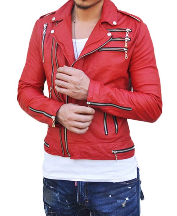 Men's Motorcycle Asymmetrical Zipper Red Leather Jacket