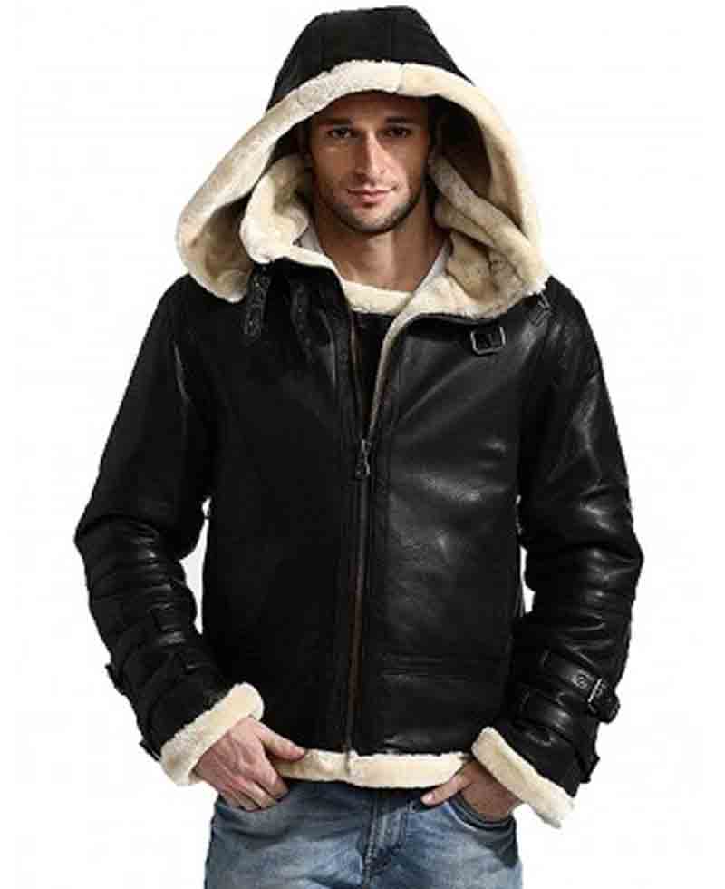 Men's B3 Shearling Black Leather Jacket with Hoodie Men's B3 Shearling Black Leather Jacket with Hoodie - Image 3