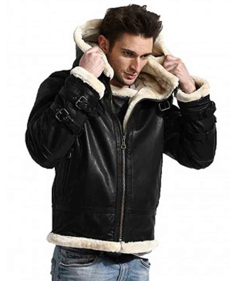 Men's B3 Shearling Black Leather Jacket with Hoodie Men's B3 Shearling Black Leather Jacket with Hoodie - Image 2