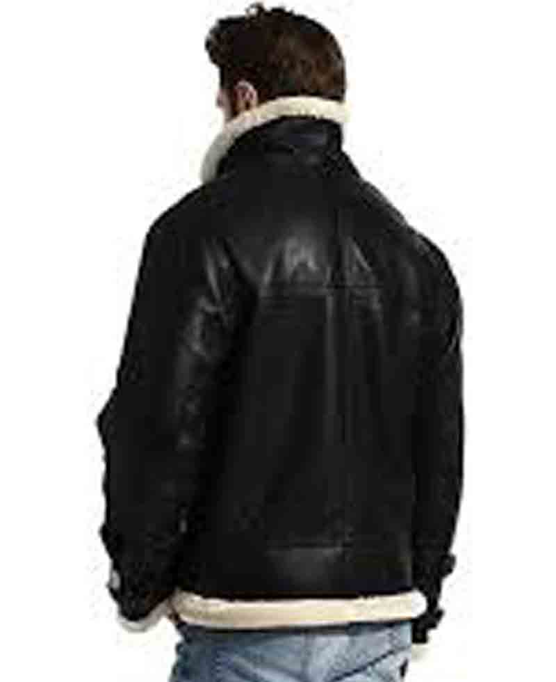 Men's B3 Shearling Black Leather Jacket with Hoodie Men's B3 Shearling Black Leather Jacket with Hoodie - Image 4