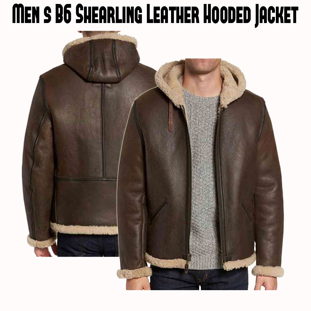 Men's B6 Brown Leather Shearling Hooded Jacket Men's B6 Brown Leather Shearling Hooded Jacket - Image 5