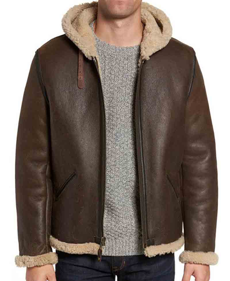Men's B6 Brown Leather Shearling Hooded Jacket Men's B6 Brown Leather Shearling Hooded Jacket - Image 2