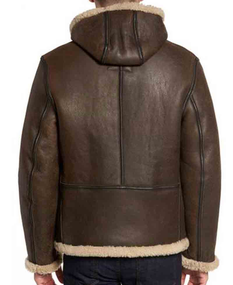 Men's B6 Brown Leather Shearling Hooded Jacket Men's B6 Brown Leather Shearling Hooded Jacket - Image 4