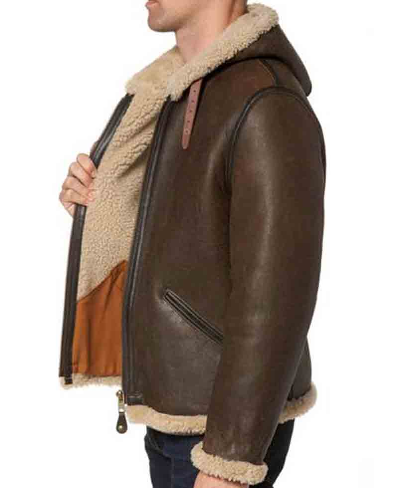 Men's B6 Brown Leather Shearling Hooded Jacket Men's B6 Brown Leather Shearling Hooded Jacket - Image 3