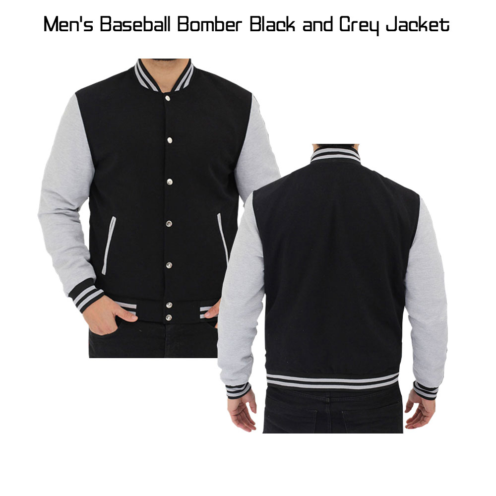 Men's Bomber Baseball Black and Grey Jacket Men's Bomber Baseball Black and Grey Jacket - Image 5
