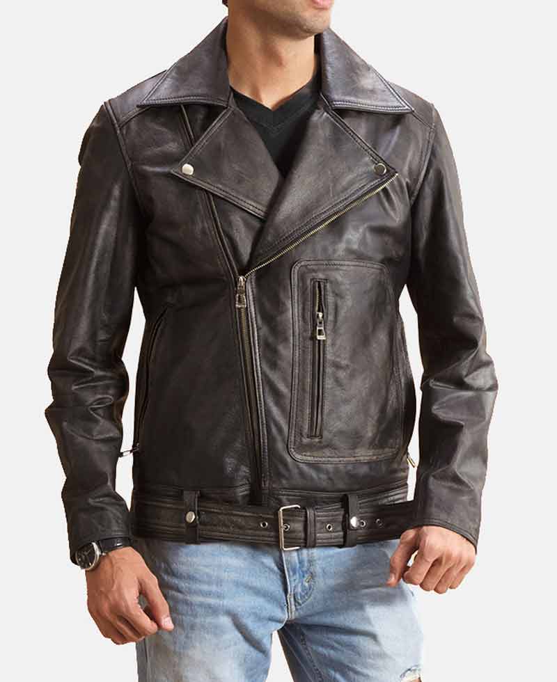 Men's Belted Biker Asymmetrical Distressed Black Leather Jacket Men's Belted Biker Asymmetrical Distressed Black Leather Jacket