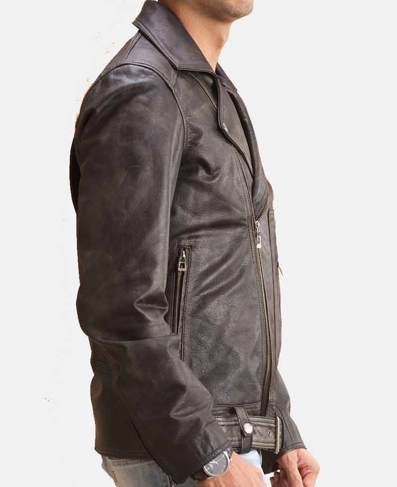 Men's Belted Biker Asymmetrical Distressed Black Leather Jacket Men's Belted Biker Asymmetrical Distressed Black Leather Jacket - Image 2