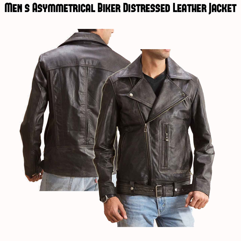 Men's Belted Biker Asymmetrical Distressed Black Leather Jacket Men's Belted Biker Asymmetrical Distressed Black Leather Jacket - Image 5
