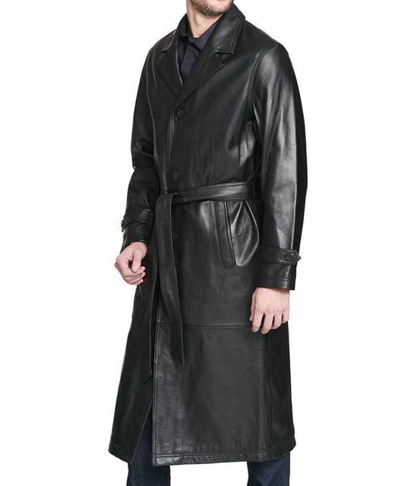 Men's Belted Button Closure Black Leather Trench Coat belted button closure trench black leather coat