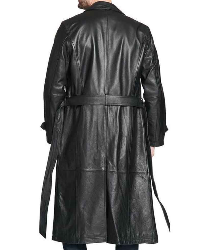 Men's Belted Button Closure Black Leather Trench Coat mens belted button closure trench black leather coat