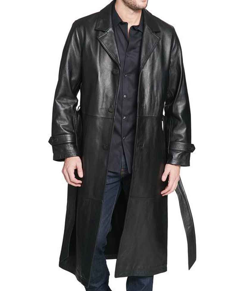 Men's Belted Button Closure Black Leather Trench Coat mens belted button trench black leather coat