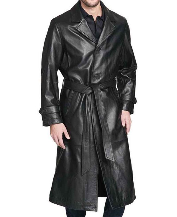 belted black leather trench coat