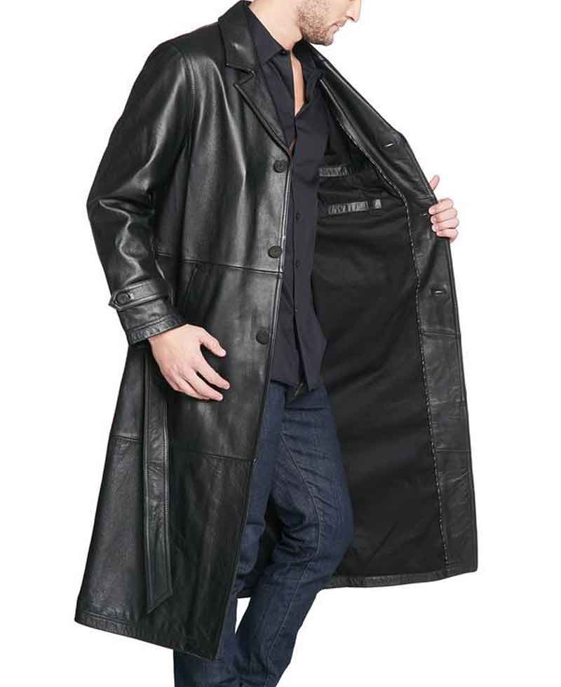 Men's Belted Button Closure Black Leather Trench Coat mens button closure trench black leather coat