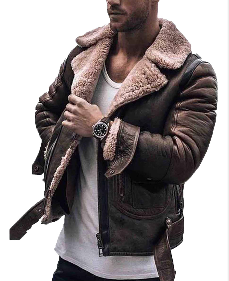 Men's WFJ01 Belted Shearling Brown Distressed Leather Jacket