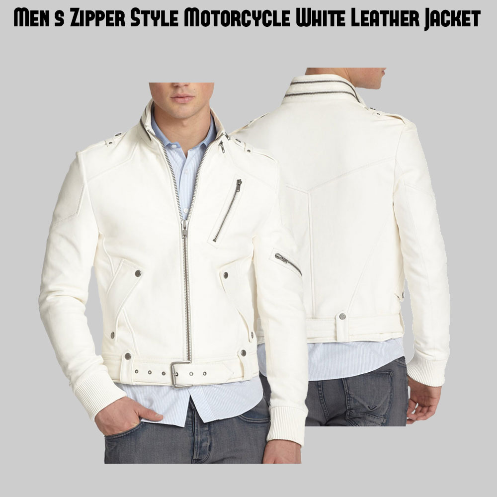 Men's Belted White Leather Motorcycle Jacket Men's Belted White Leather Motorcycle Jacket - Image 4