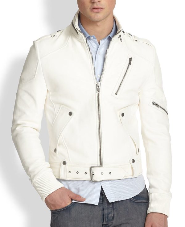 Men's Belted White Leather Motorcycle Jacket