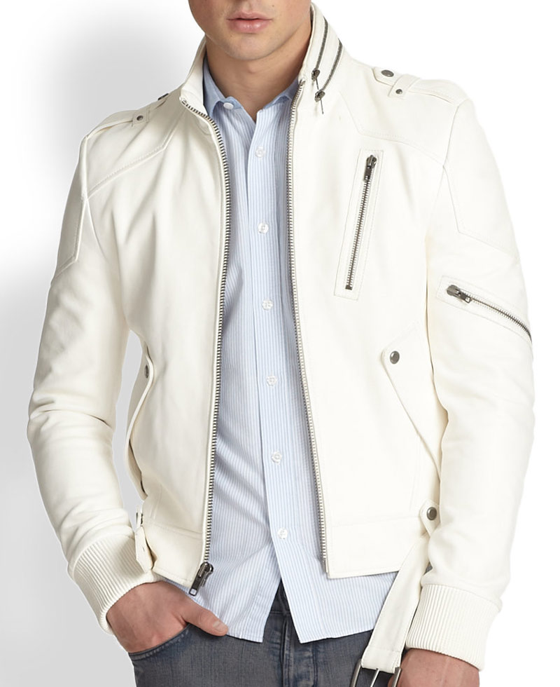 Men's Belted White Leather Motorcycle Jacket Men's Belted White Leather Motorcycle Jacket - Image 3