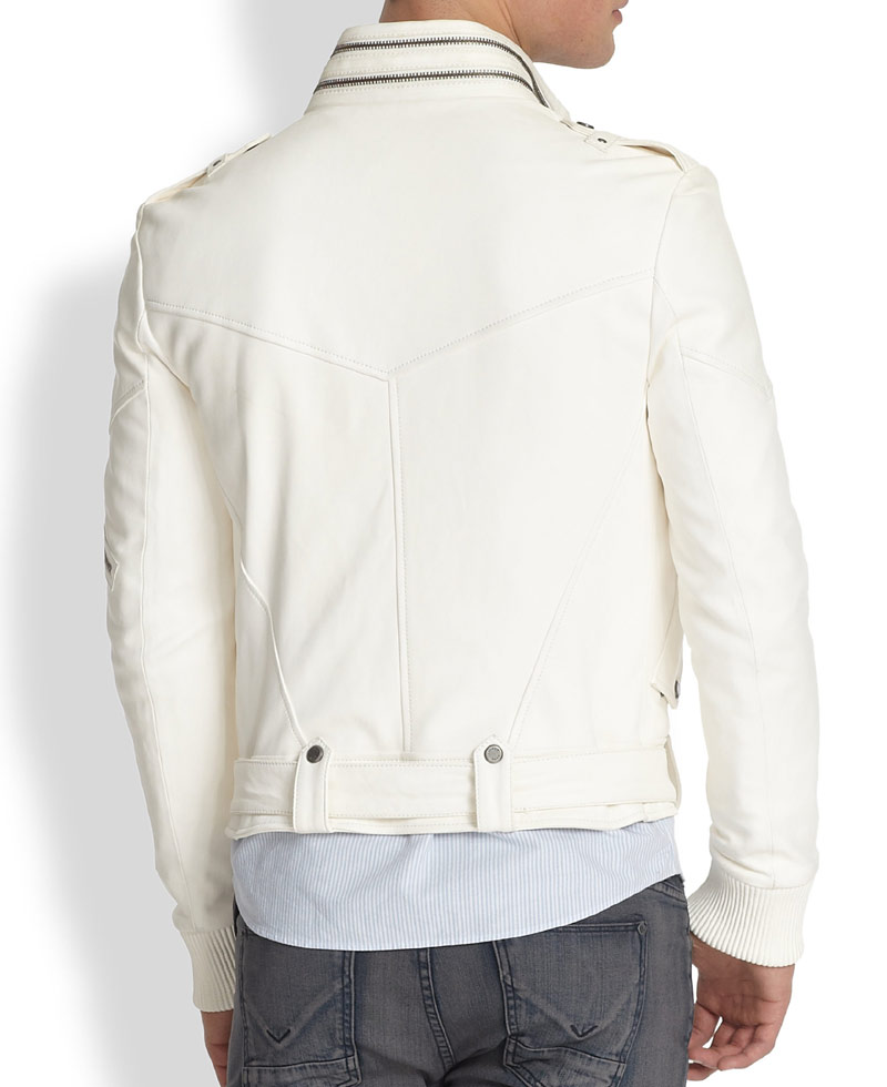 Men's Belted White Leather Motorcycle Jacket Men's Belted White Leather Motorcycle Jacket - Image 2