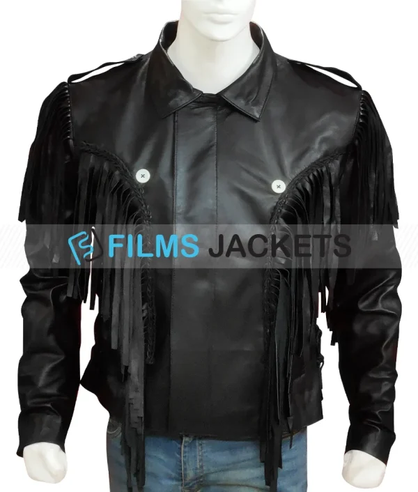 Men's Fringed Biker Beltless Black Leather Jacket